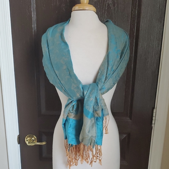 Pashmina Blue and Gold Wrap/Scarf with Fringe